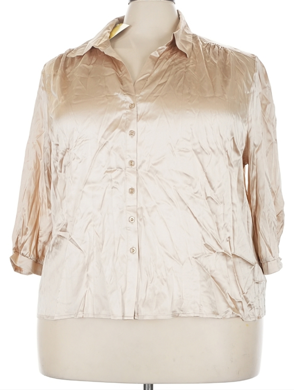 Silk Dialogue Button Down Blouse NWT Champagne Gold Tab Sleeve Plus Size 3X